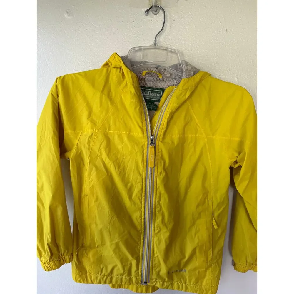 L.L.Bean Kids Yellow Hooded Rain Jacket Windbreaker Size 8 Nylon Reflective